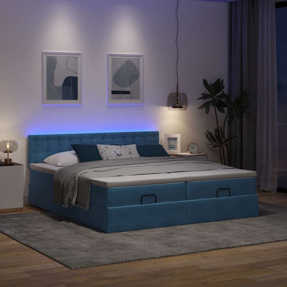 vidaXL Ottomansk säng med madrasser och LED-lampor mörkblå 200x200cm