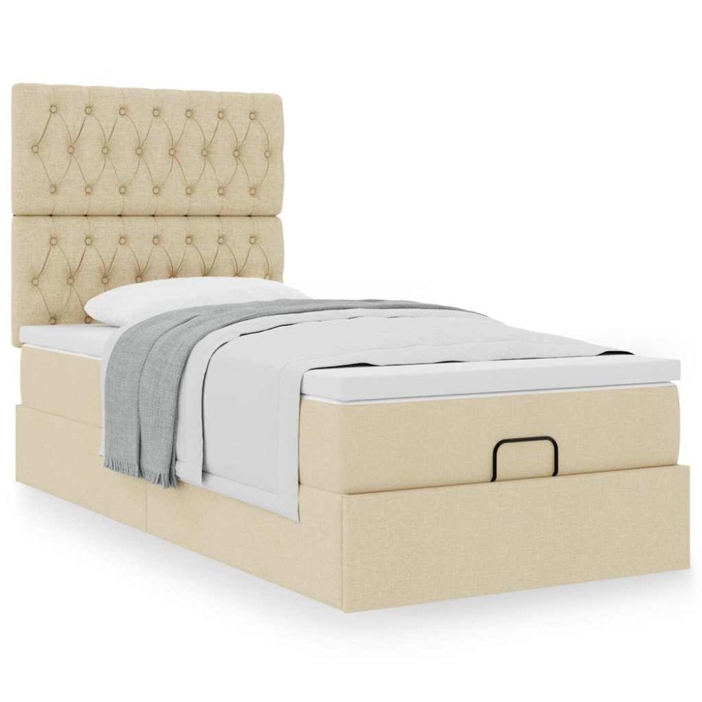 vidaXL Ottoman sängram med madrass gräddvit 90x190 cm tyg