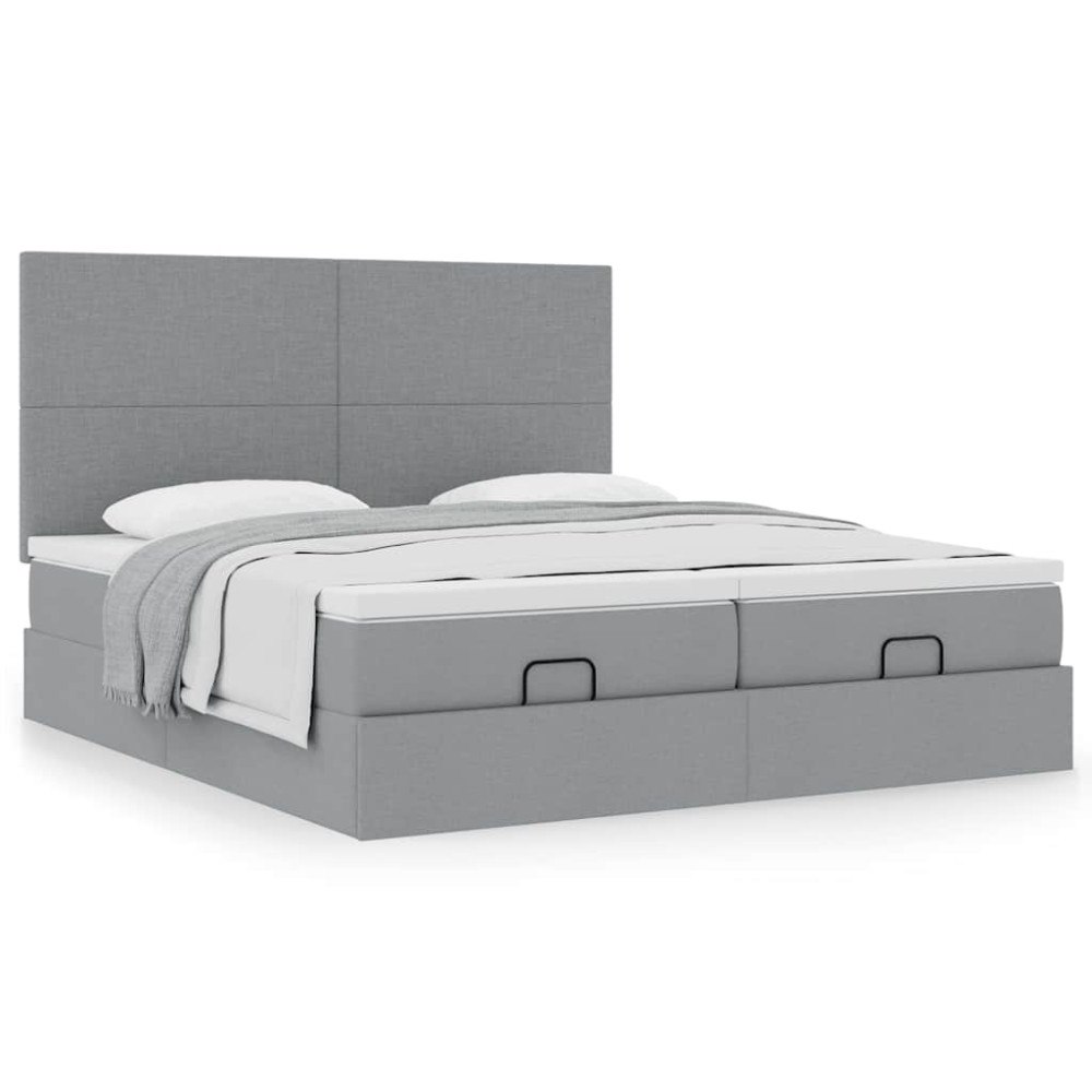 vidaXL Ottoman sängram med madrasser ljusgrå 200x200 cm tyg