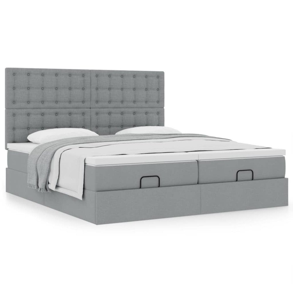 vidaXL Ottoman sängram med madrasser ljusgrå 200x200 cm tyg
