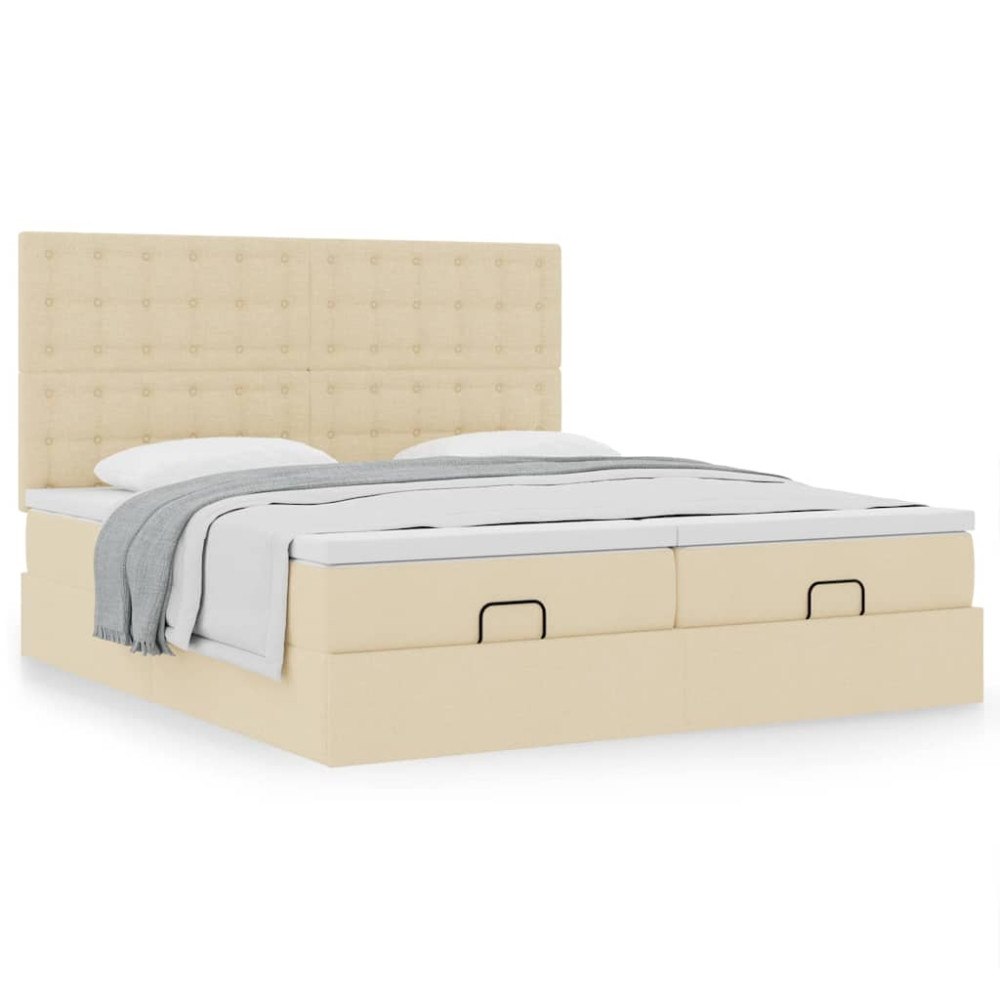 vidaXL Ottoman sängram med madrasser gräddvit 200x200 cm tyg