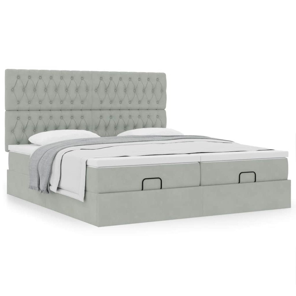 vidaXL Ottoman sängram med madrasser ljusgrå 200x200 cm sammet