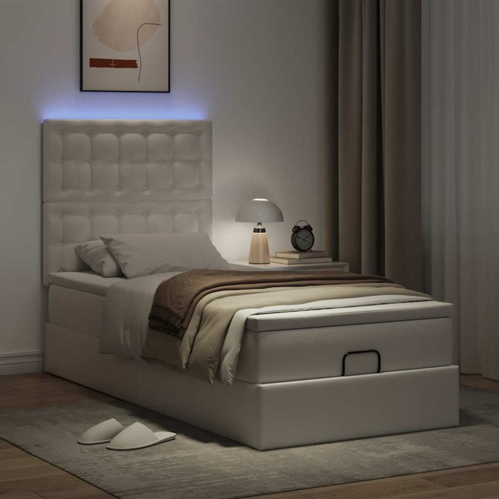vidaXL Ottoman sängram med madrass vit 100x200 cm konstläder
