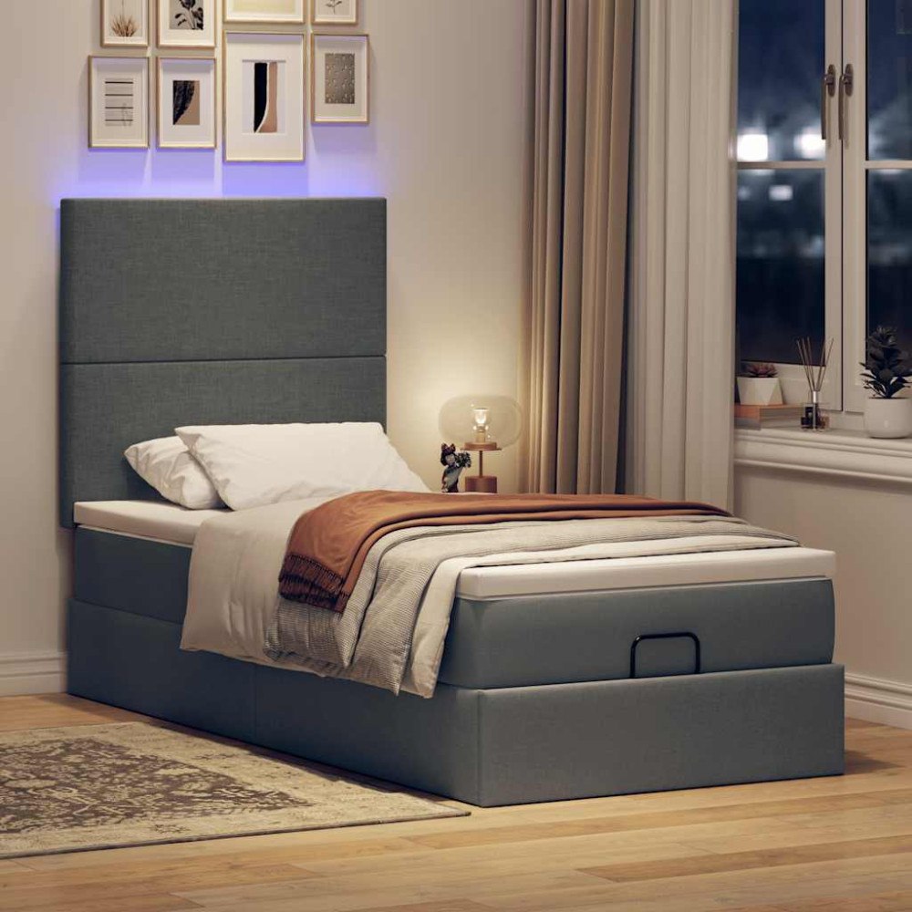 vidaXL Ottomansk säng med madrass och LED-lampor mörkgrå 80x200cm tyg
