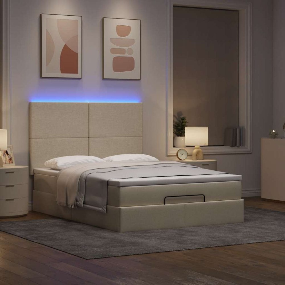 vidaXL Ottoman sängram med madrass gräddvit 140x200 cm tyg