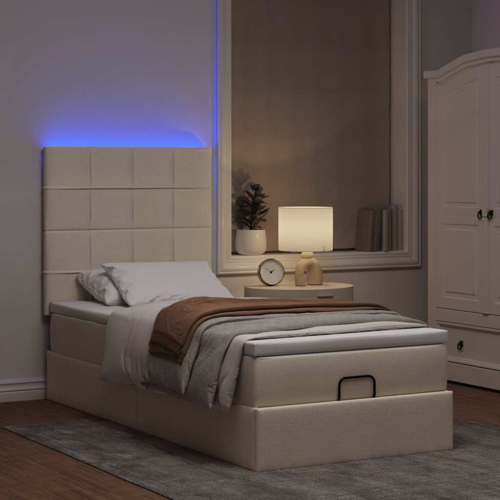 vidaXL Ottoman sängram med madrass gräddvit 100x200 cm tyg