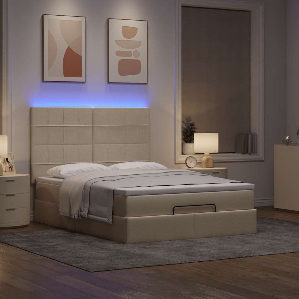 vidaXL Ottoman sängram med madrass gräddvit 140x200 cm tyg