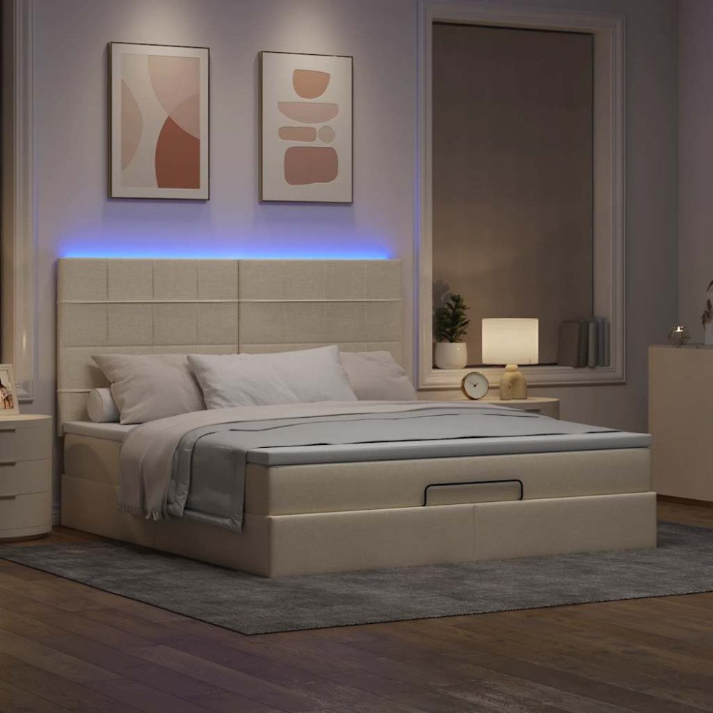 vidaXL Ottoman sängram med madrass gräddvit 160x200 cm tyg