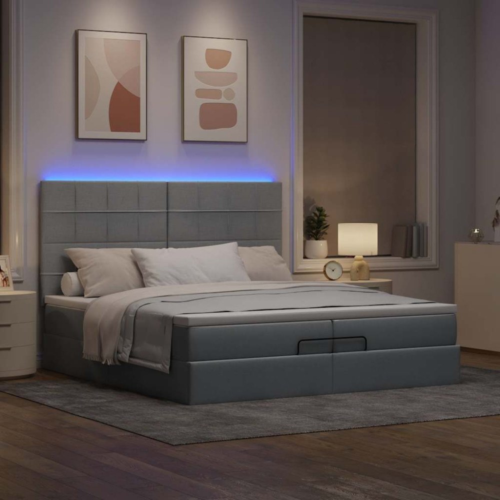 vidaXL Ottoman sängram med madrasser ljusgrå 200x200 cm tyg