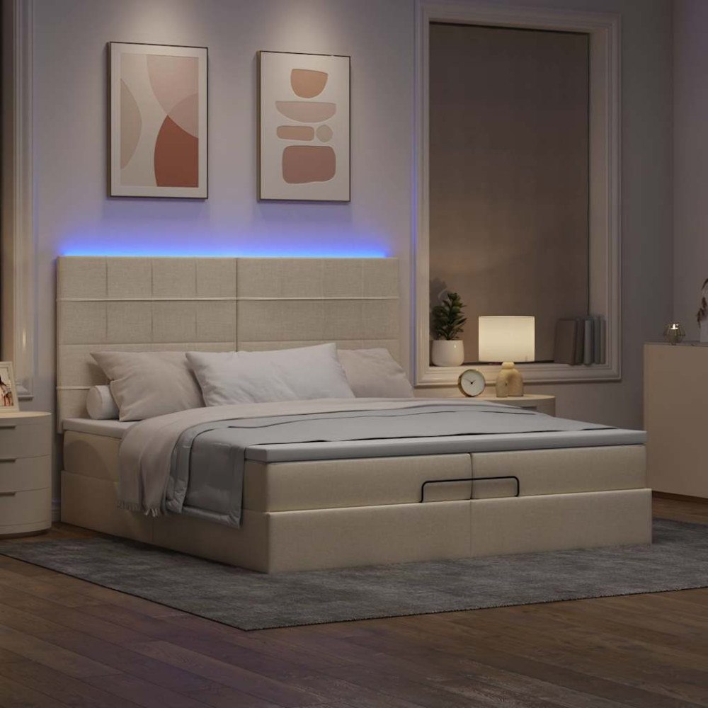 vidaXL Ottoman sängram med madrasser gräddvit 200x200 cm tyg