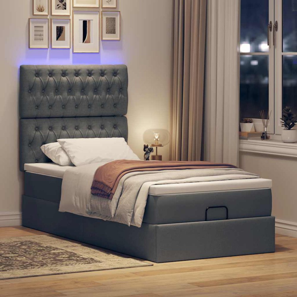 vidaXL Ottomansk säng med madrass och LED-lampor mörkgrå 90x200 cm tyg