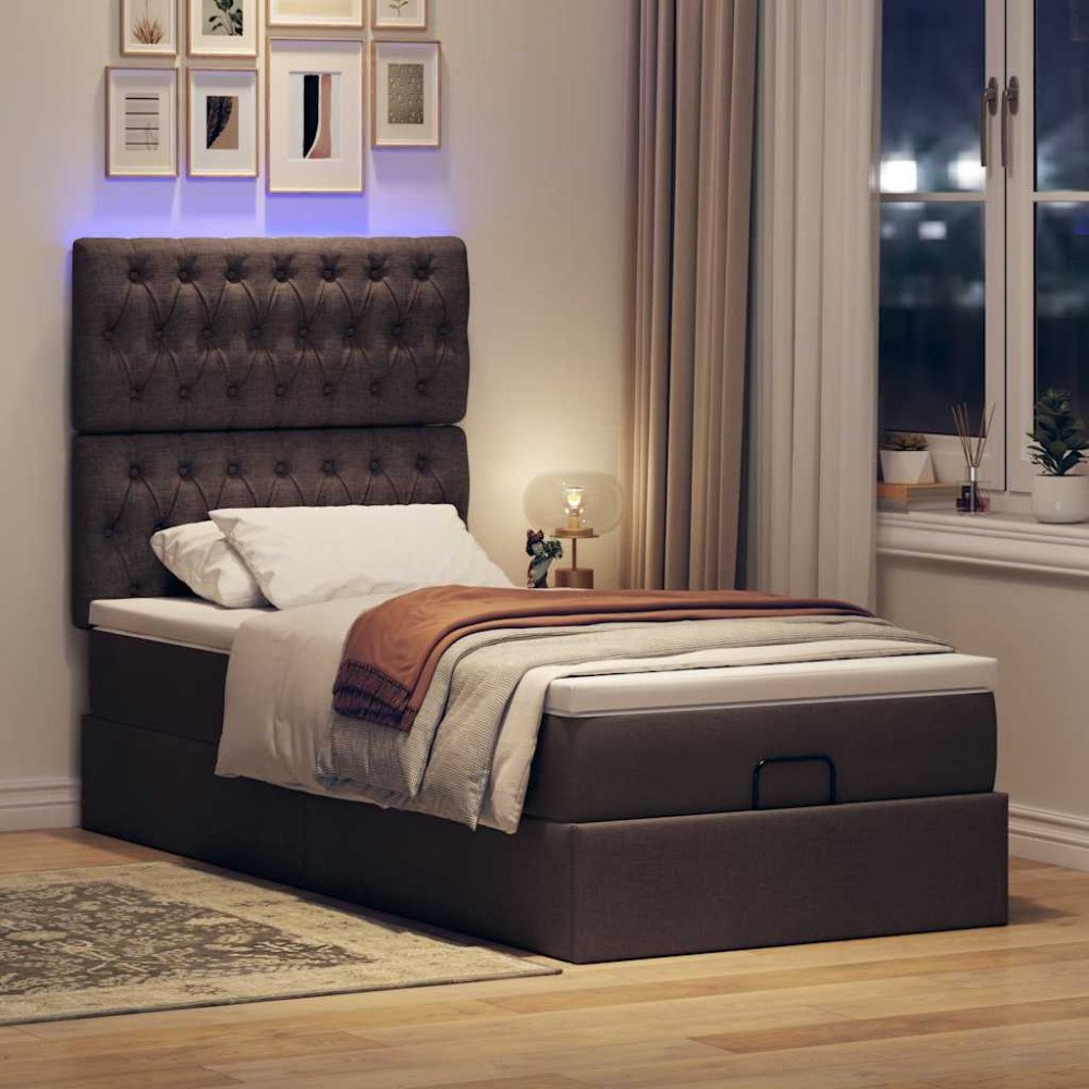 vidaXL Ottomansk säng med madrass och LED-lampor mörkbrun 90x200cm tyg