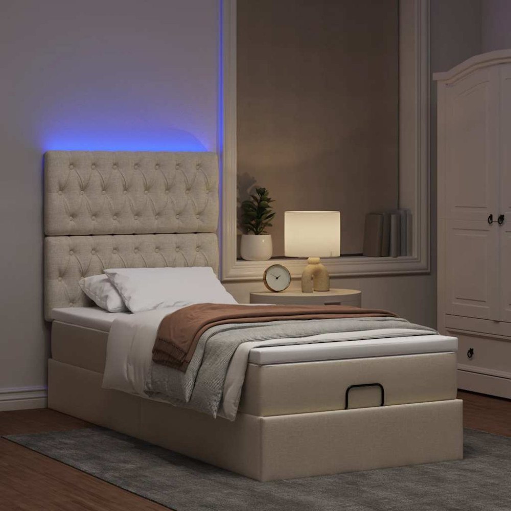 vidaXL Ottoman sängram med madrass gräddvit 100x200 cm tyg