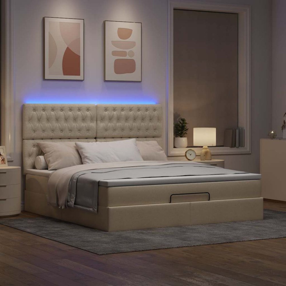 vidaXL Ottoman sängram med madrass gräddvit 180x200 cm tyg