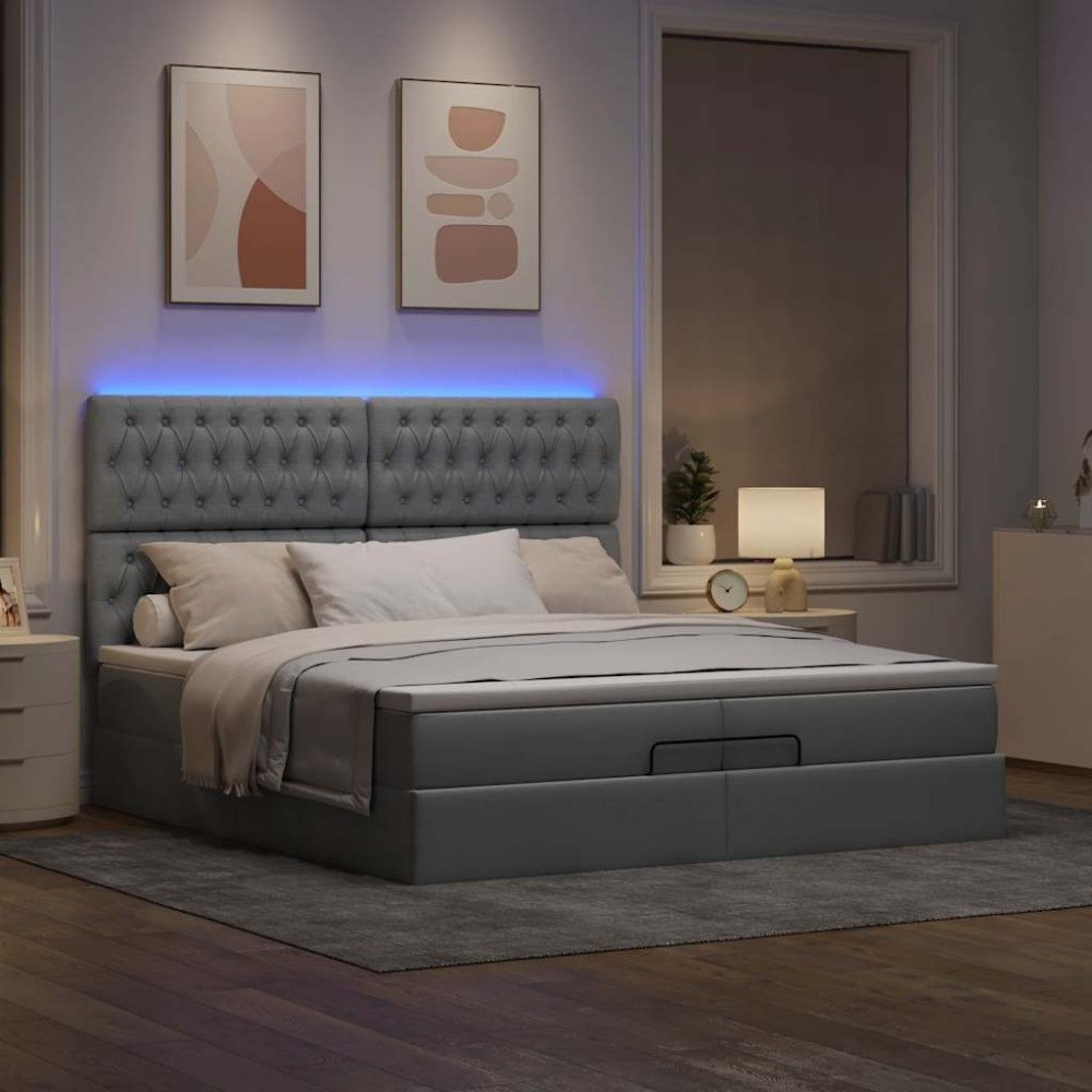 vidaXL Ottoman sängram med madrasser ljusgrå 200x200 cm tyg