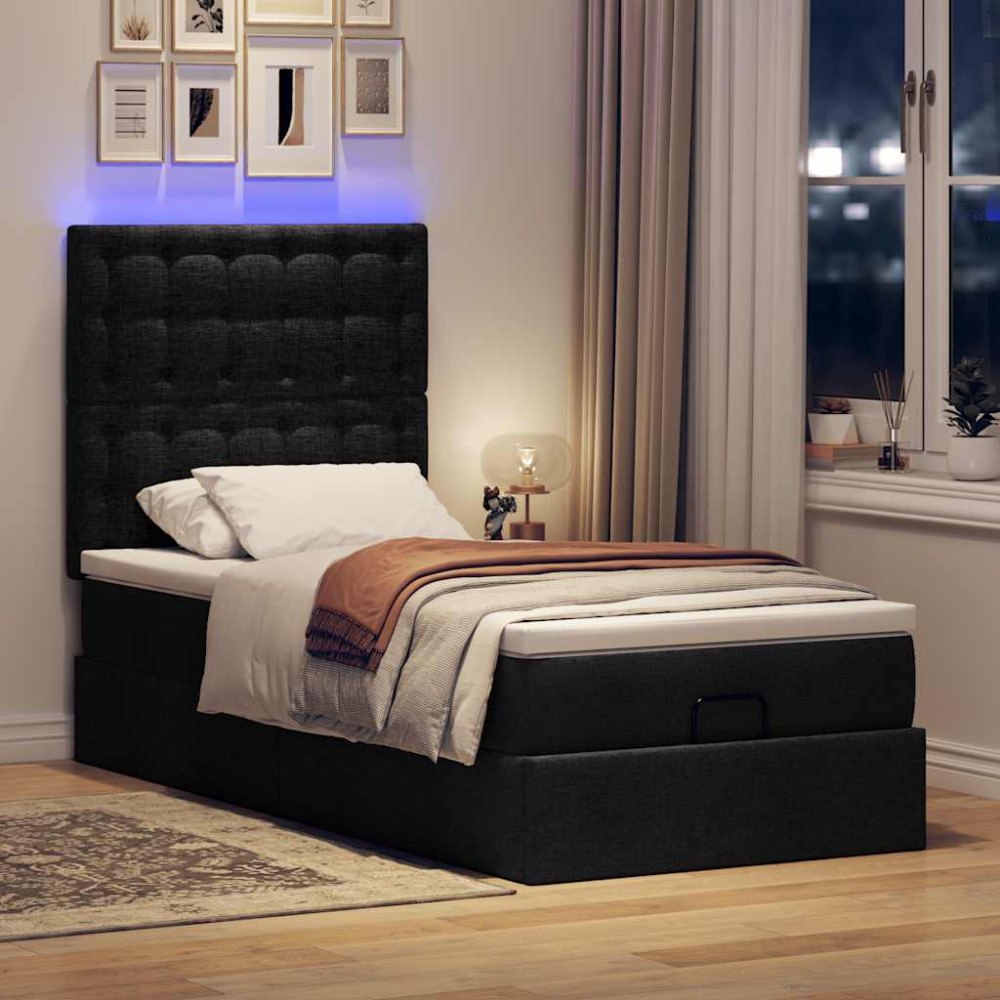 vidaXL Ottomansk säng med madrass och LED-lampor svart 80x200cm tyg