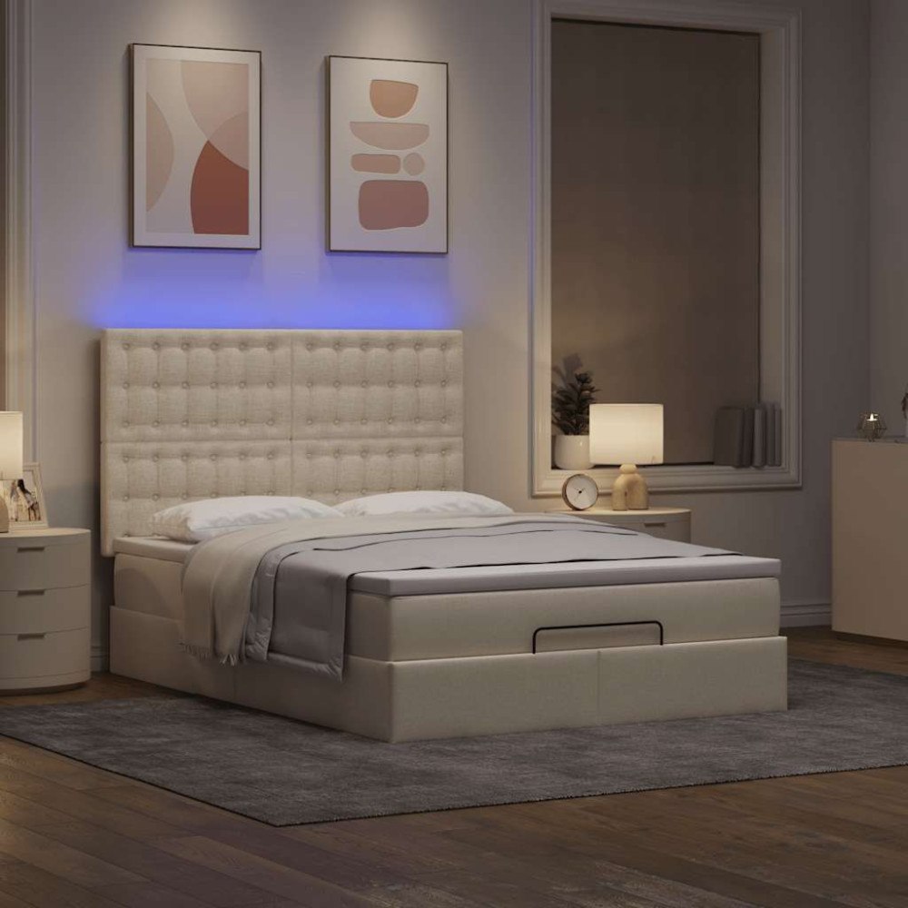 vidaXL Ottoman sängram med madrass gräddvit 140x200 cm tyg