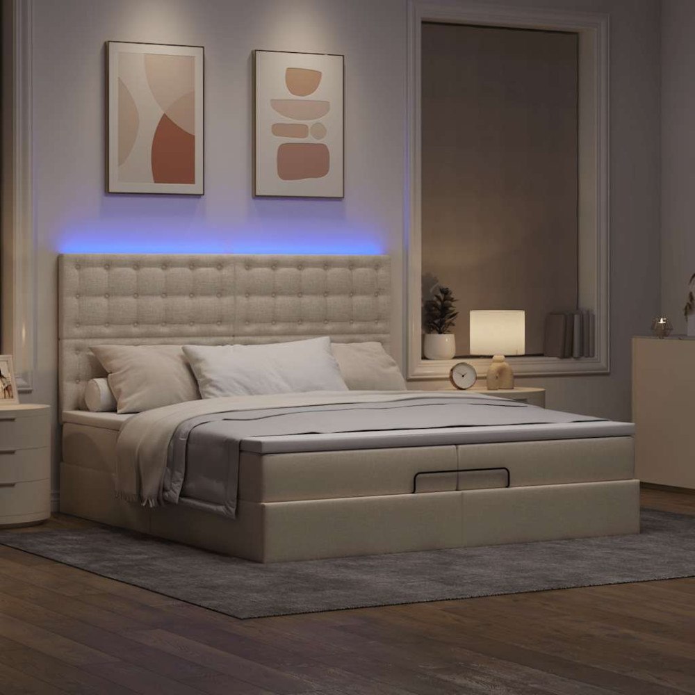 vidaXL Ottoman sängram med madrasser gräddvit 200x200 cm tyg