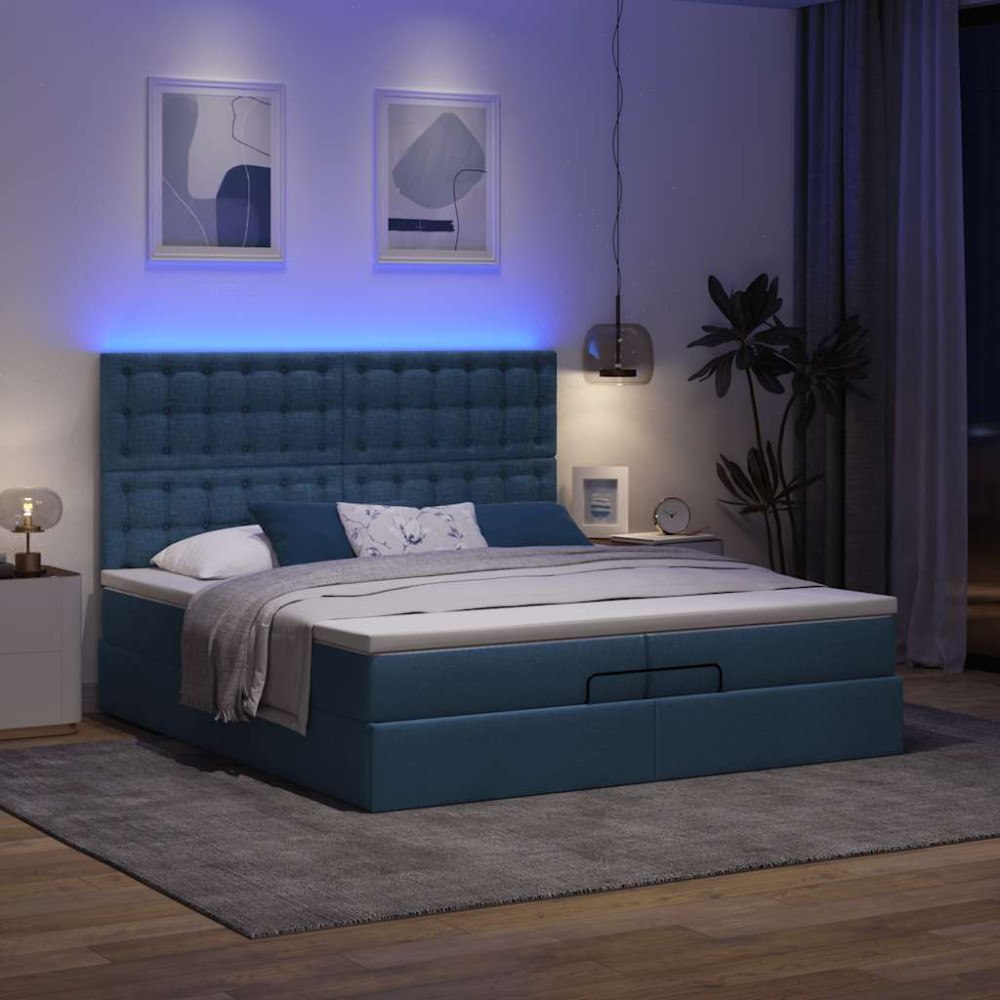 vidaXL Ottoman sängram med madrasser blå 200x200 cm tyg