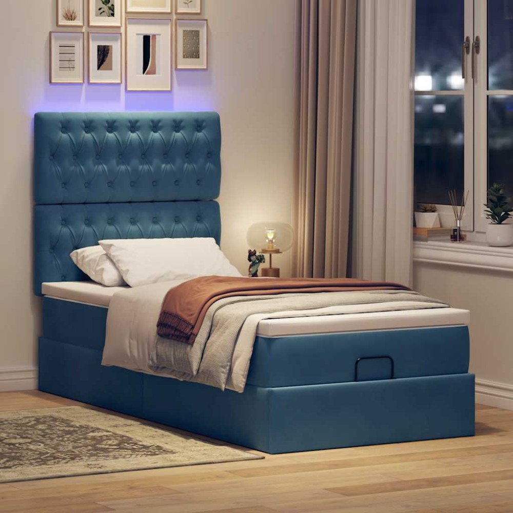 vidaXL Ottoman sängram med madrasser mörkblå 90x200 cm sammet