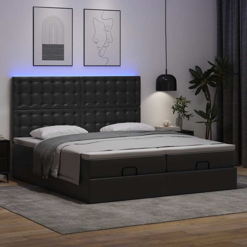 vidaXL Ottomansk säng med madrasser&LEDs svart 160x200cm konstläder