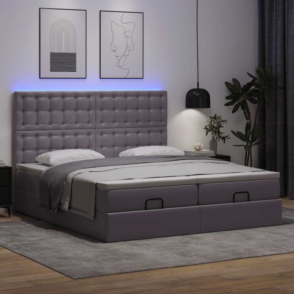 vidaXL Ottomansk säng med madrasser&LEDs grå 160x200cm konstläder