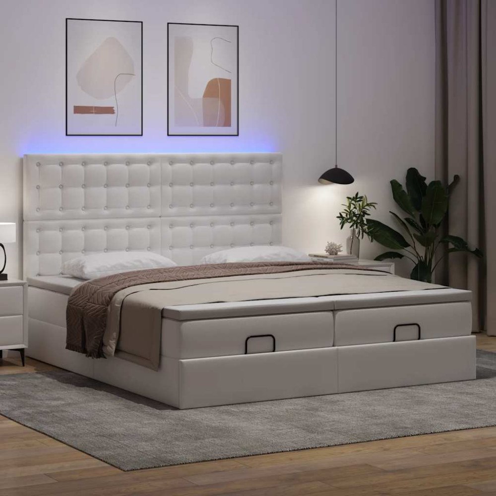 vidaXL Ottomansk säng med madrasser&LEDs ren vit 180x200cm konstläder