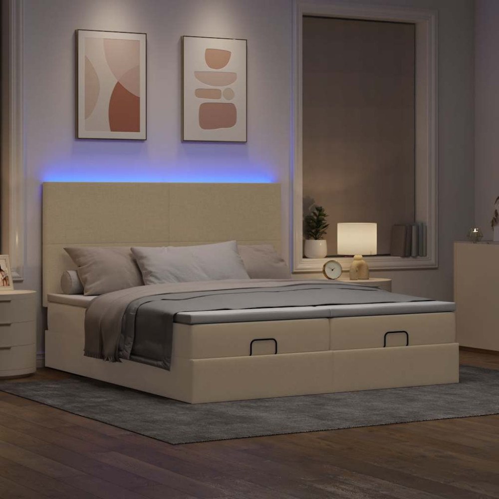vidaXL Ottoman sängram med madrasser gräddvit 200x200 cm tyg
