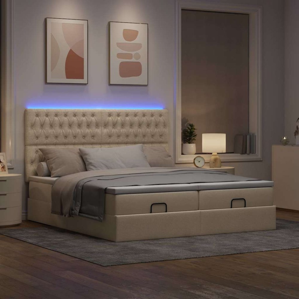 vidaXL Ottoman sängram med madrasser gräddvit 200x200 cm tyg