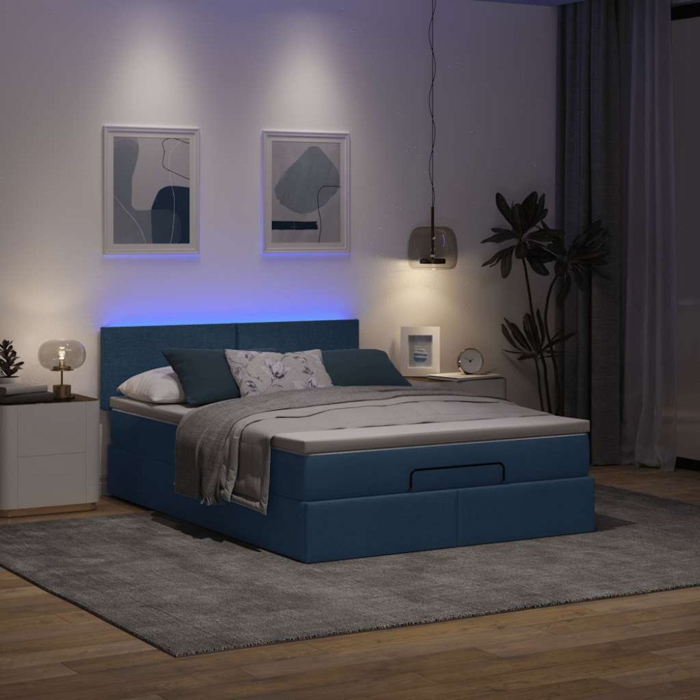 vidaXL Ottoman sängram med madrass blå 140x200 cm tyg