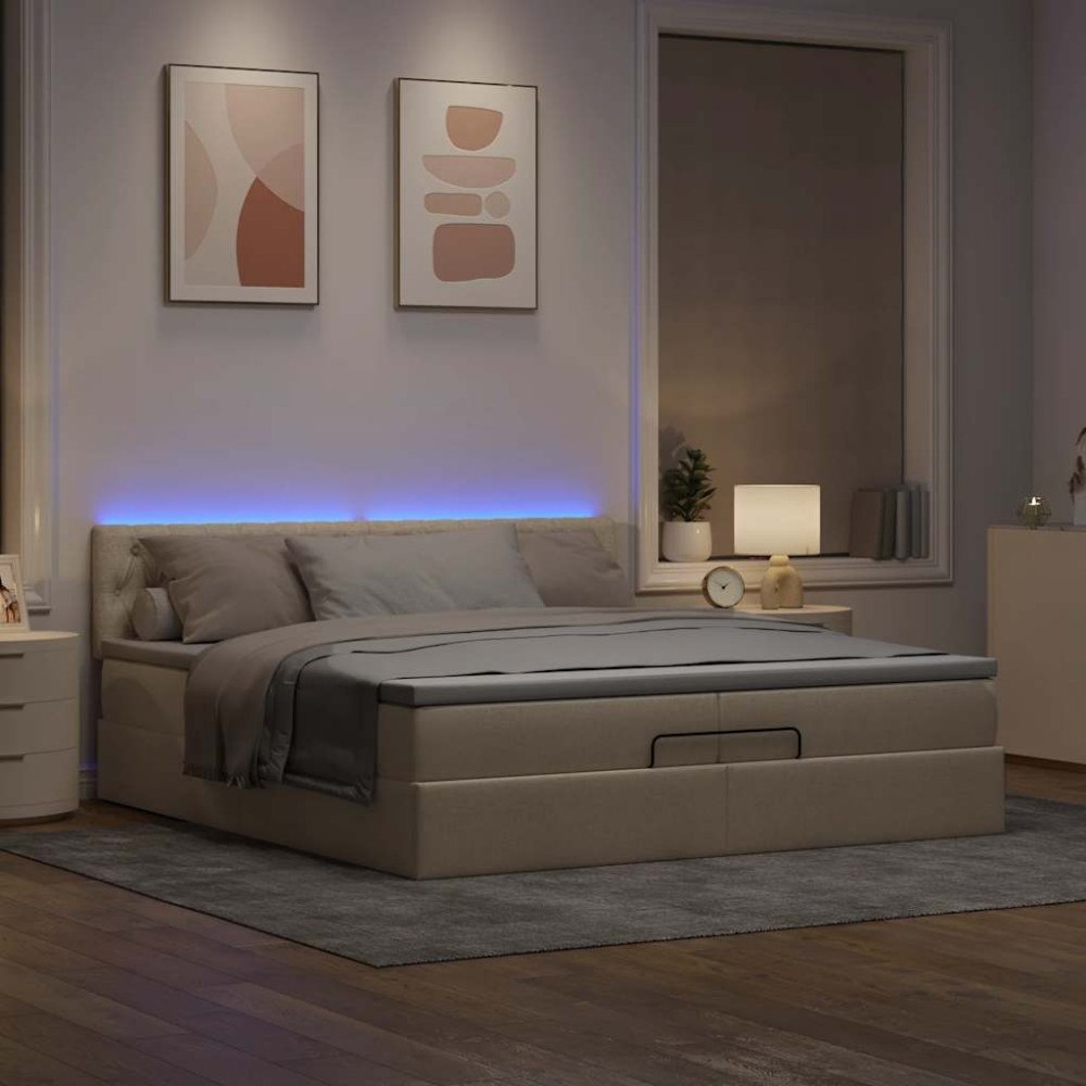 vidaXL Ottoman sängram med madrasser gräddvit 200x200 cm tyg