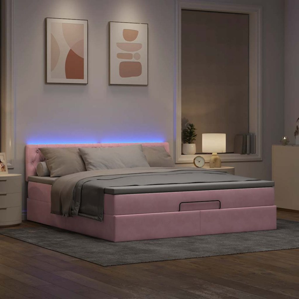 vidaXL Ottoman säng med madrass och LED-lampor rosa 180x200cm sammet