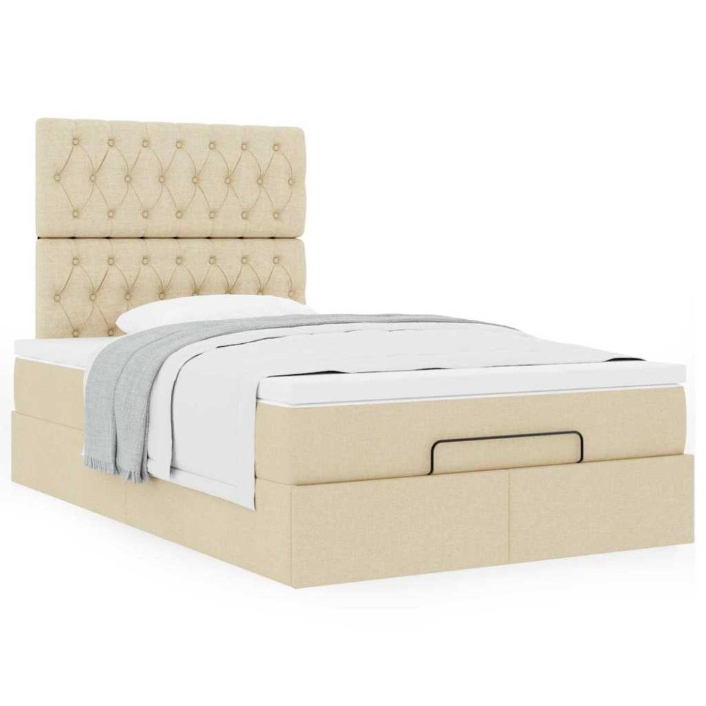 vidaXL Ottoman sängram med madrass gräddvit 120x190 cm tyg