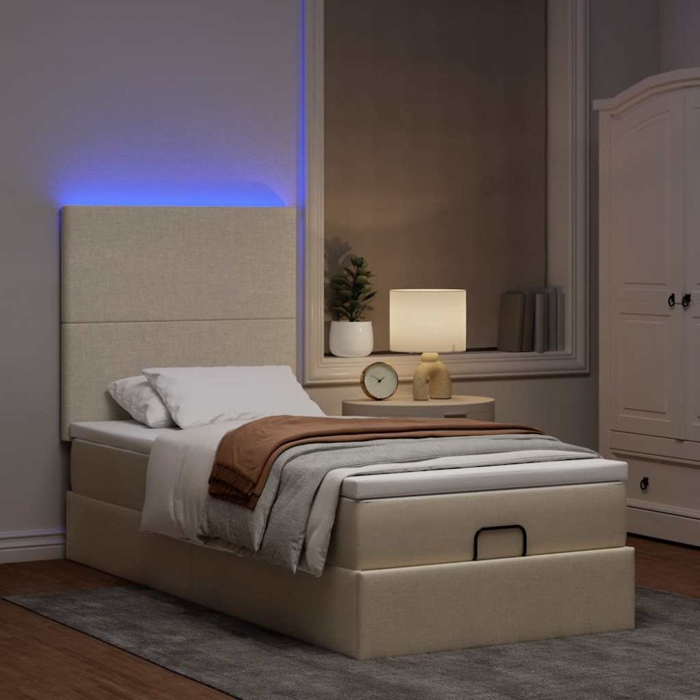 vidaXL Ottoman sängram med madrass gräddvit 100x200 cm tyg