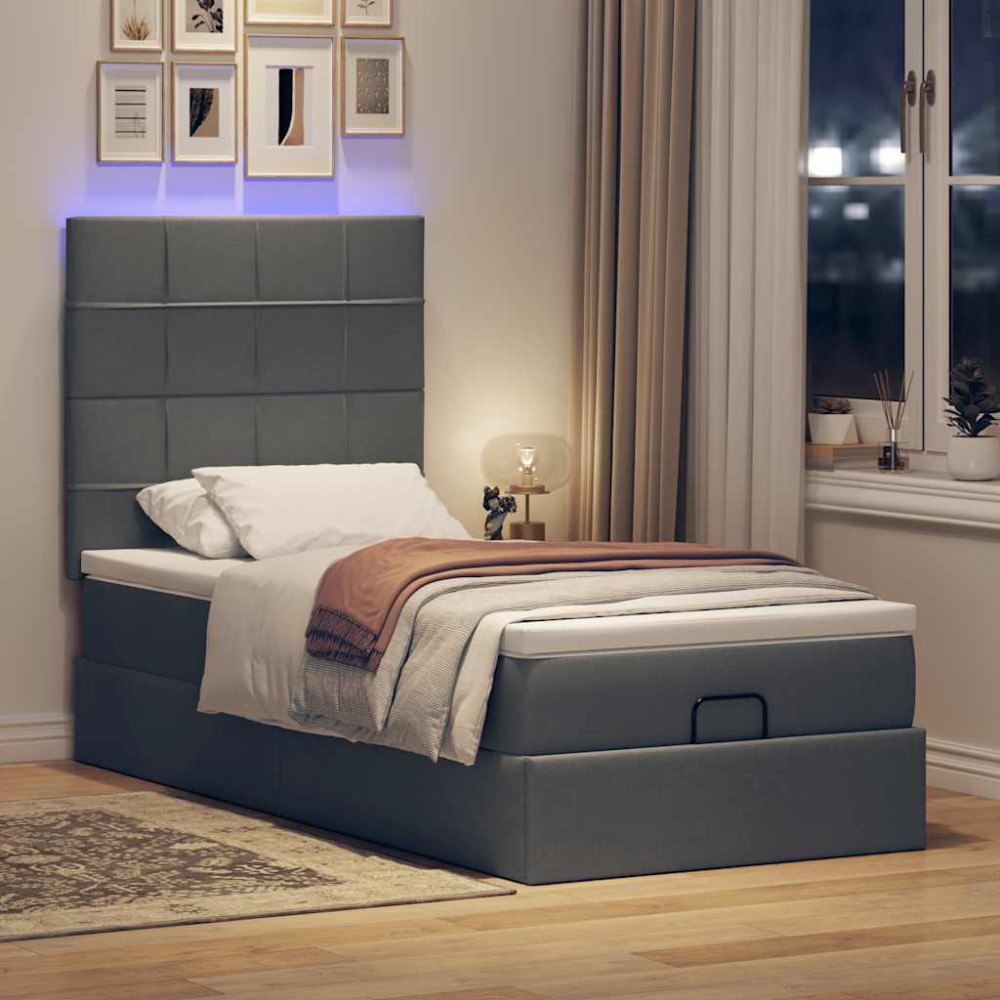 vidaXL Ottomansk säng med madrass och LED-lampor mörkgrå 80x200cm tyg
