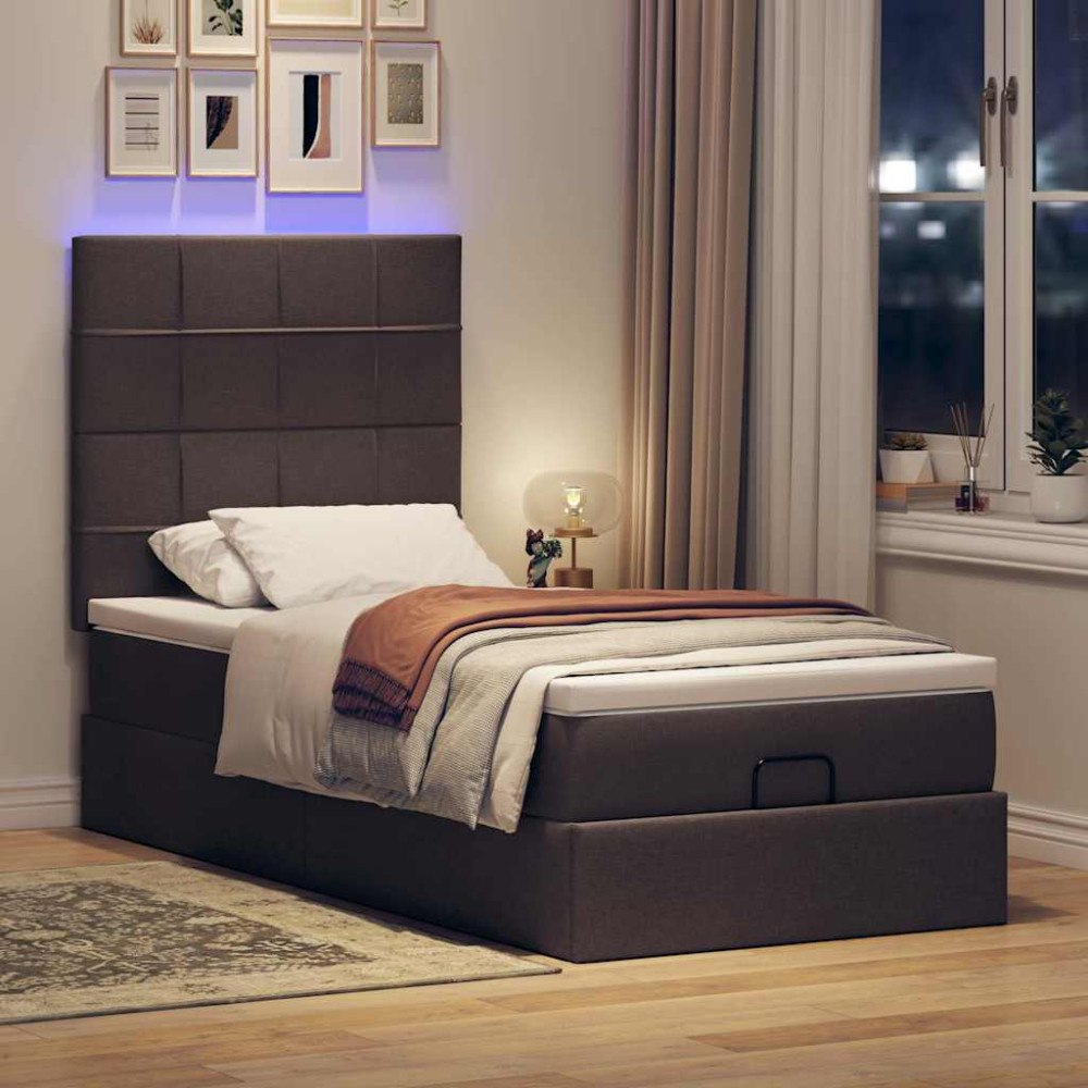 vidaXL Ottomansk säng med madrass och LED-lampor mörkbrun 90x200cm tyg