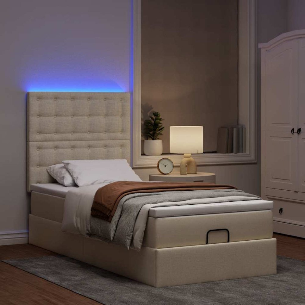 vidaXL Ottoman sängram med madrass gräddvit 100x200 cm tyg