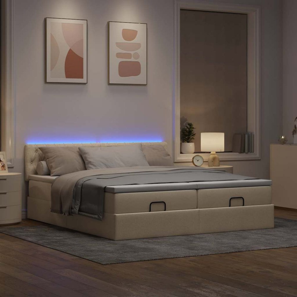 vidaXL Ottoman sängram med madrasser gräddvit 200x200 cm tyg