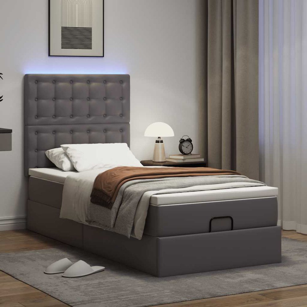 vidaXL Ottoman sängram med madrass grå 90x200 cm konstläder