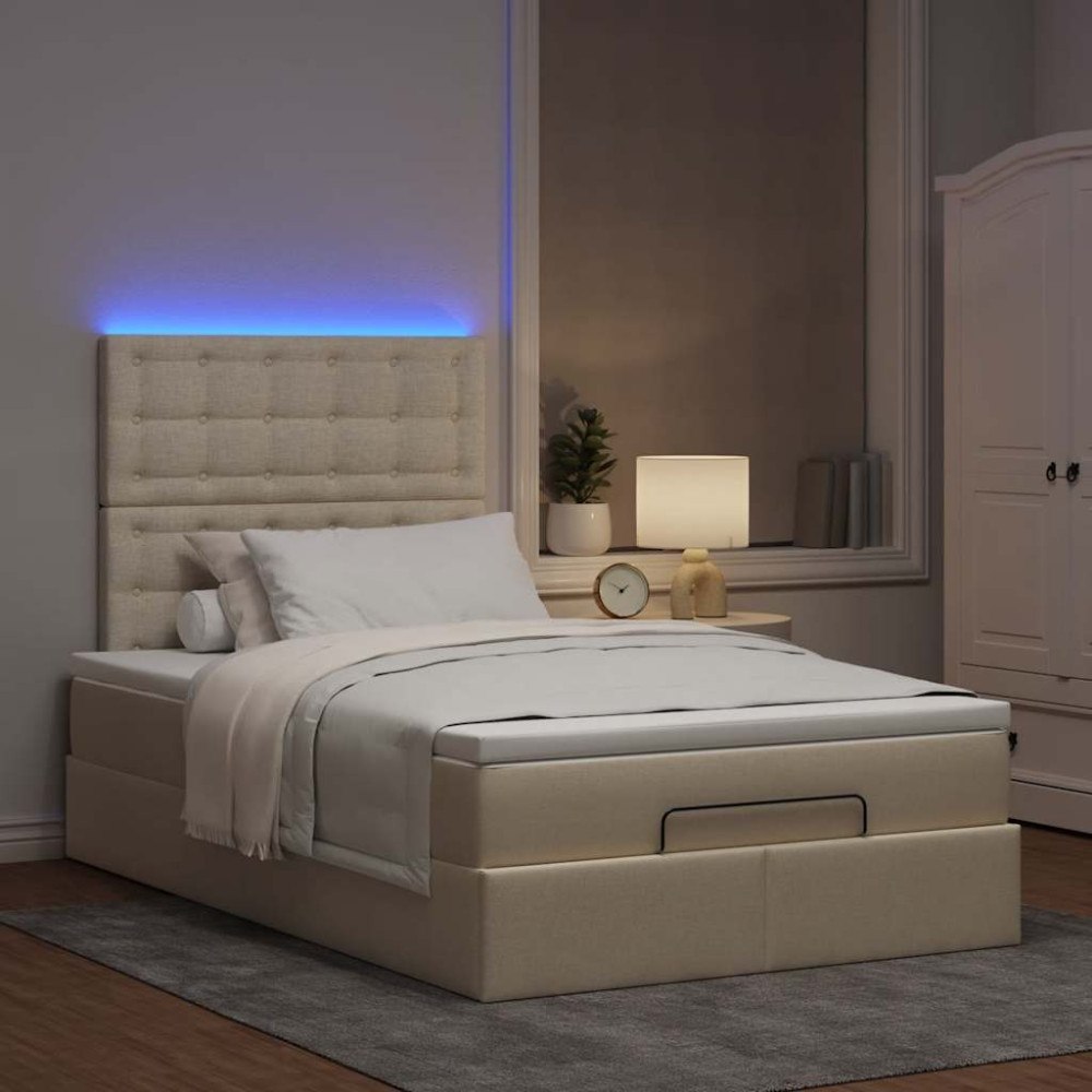 vidaXL Ottoman sängram med madrass gräddvit 120x190 cm tyg