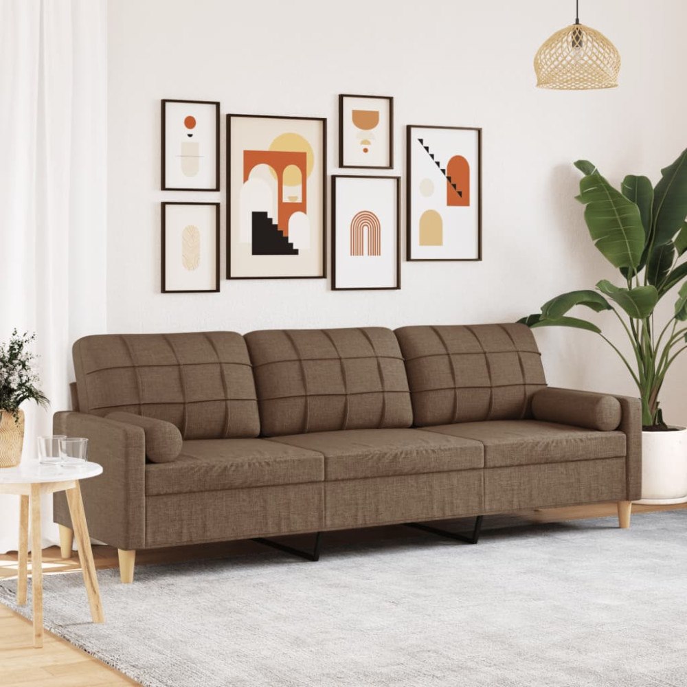 vidaXL 3-sitssoffa med prydnadskuddar brun 210 cm tyg