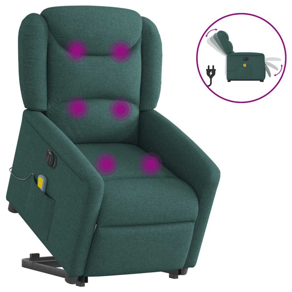 vidaXL Elektrisk massagefåtölj med uppresningshjälp mörkgrön tyg