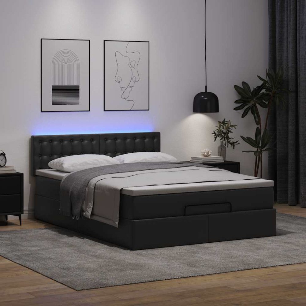 vidaXL Ottomansk säng med madrasser&LEDs svart 140x190cm konstläder