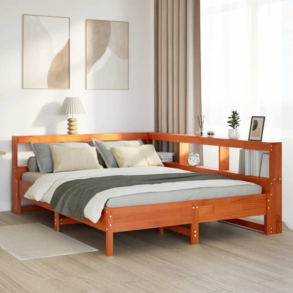 vidaXL Säng med bokhylla utan madrass vaxbrun 135x190cm massiv furu