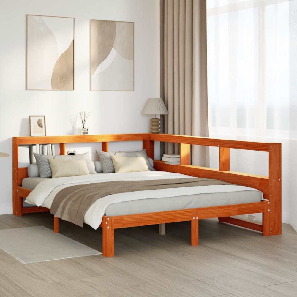 vidaXL Säng med bokhylla utan madrass vaxbrun 135x190cm massiv furu