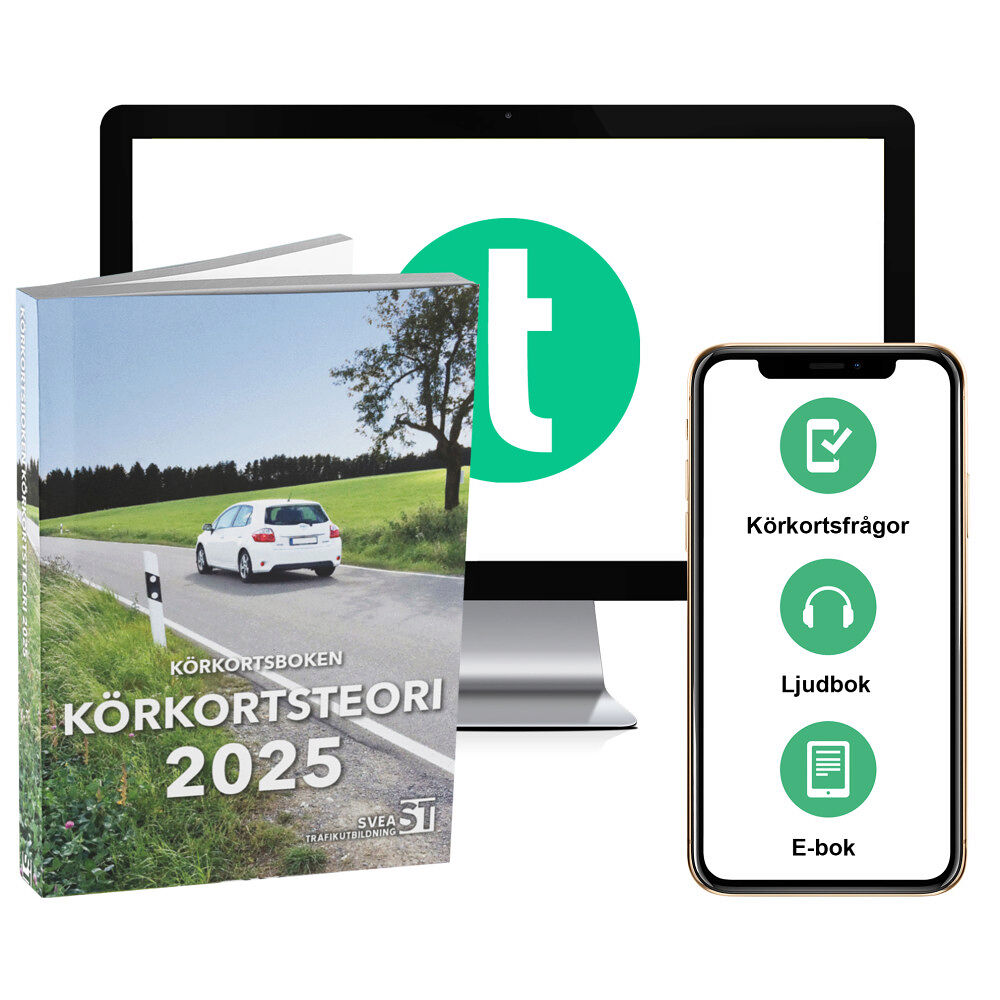 Svea Trafikutbildning Körkortsboken Körkortsteori 2025 (bok + digitalt teoripaket med körkortsfrågor, övningar, ljudbok & ebok) (häftad)