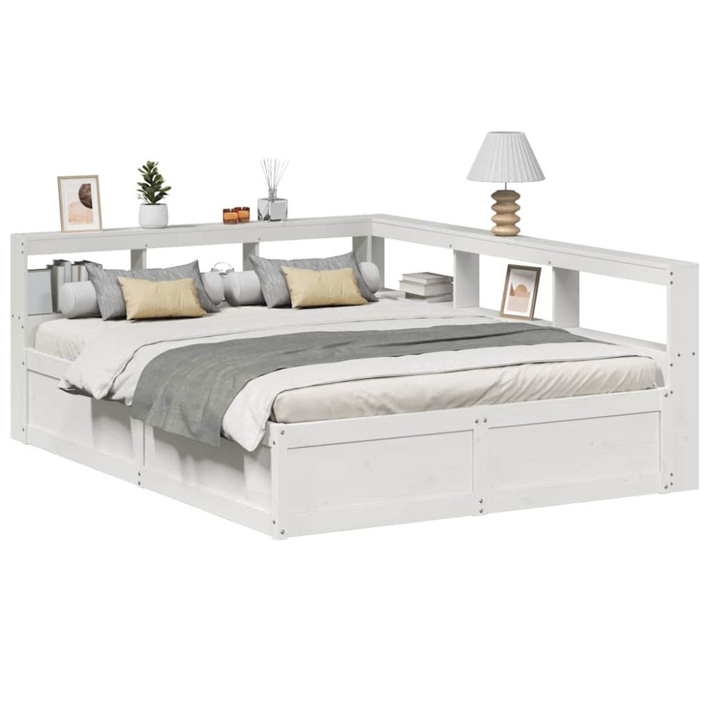 vidaXL Säng med bokhylla utan madrass vit 150x200cm massiv furu