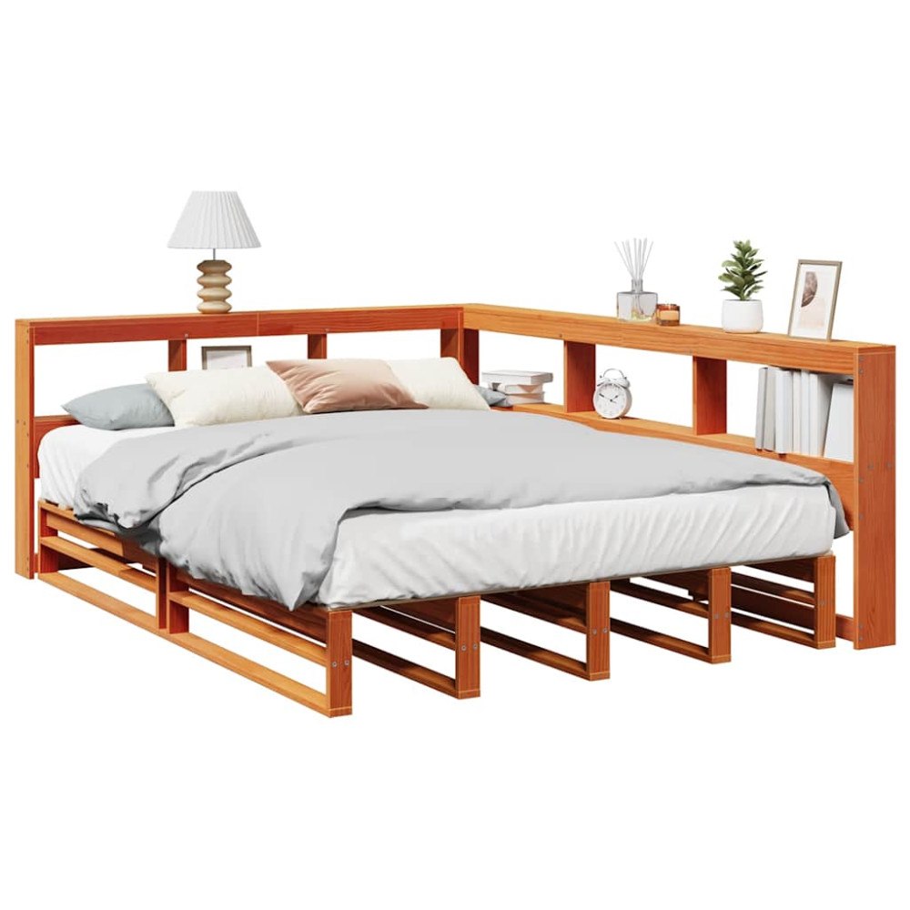 vidaXL Säng med bokhylla utan madrass vaxbrun 135x190cm massiv furu