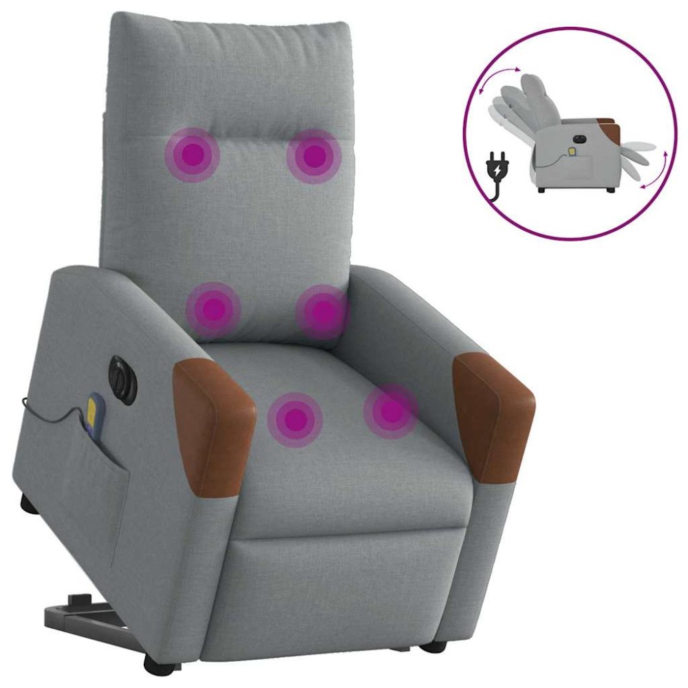 vidaXL Elektrisk massagefåtölj med uppresningshjälp ljusgrå tyg