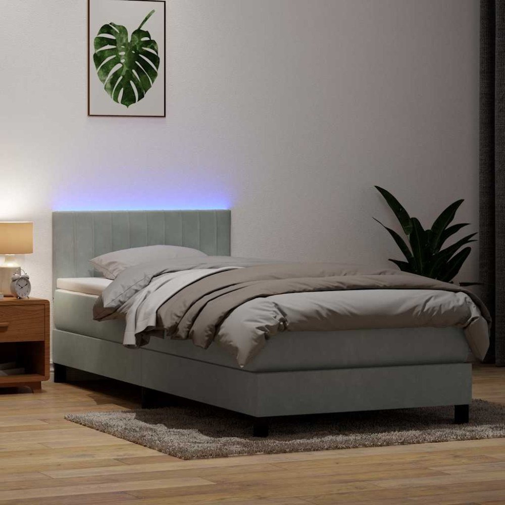vidaXL Resårsäng med madrass och LED ljusgrå 80x220 cm sammet